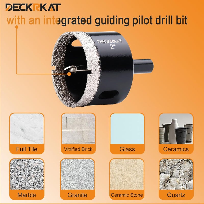DECKRKAT 2 Inch Diamond Hole-Saw Bits with Pilot Drill Bit - 2pc 2" Diamond Tipped Tile Hole Saws with Guiding Bit Accurate Drilling for Porcelain Tile Ceramic Pottery Granite Stone Glass Bottles 50mm - Image 5